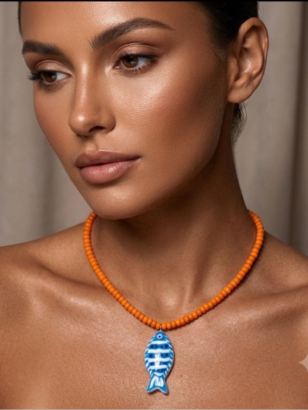 Coastal Orange Beaded Necklace with Blue Striped Fish Pendant - Picture 4 of 6